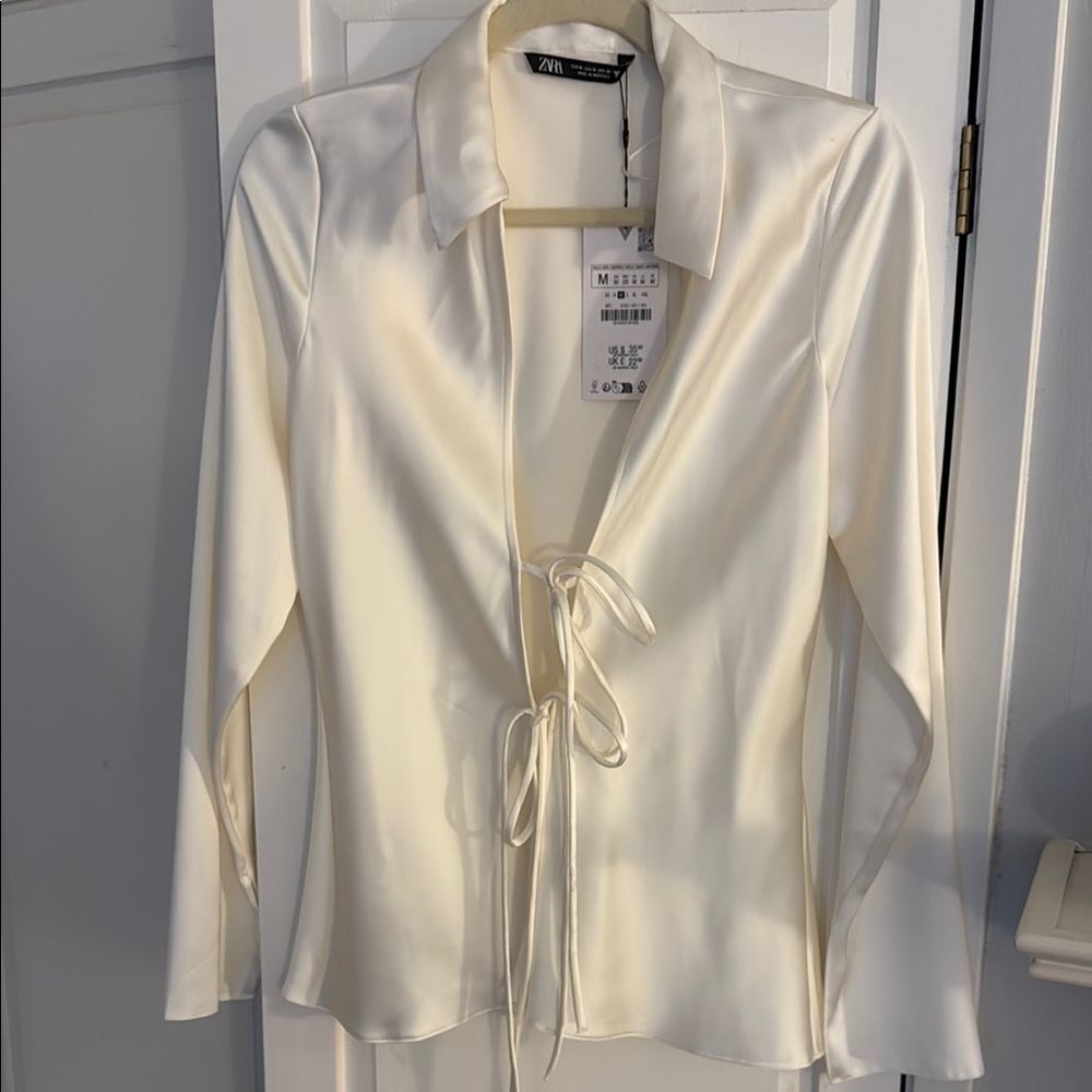 Zara Ivory Satin Tie Blouse